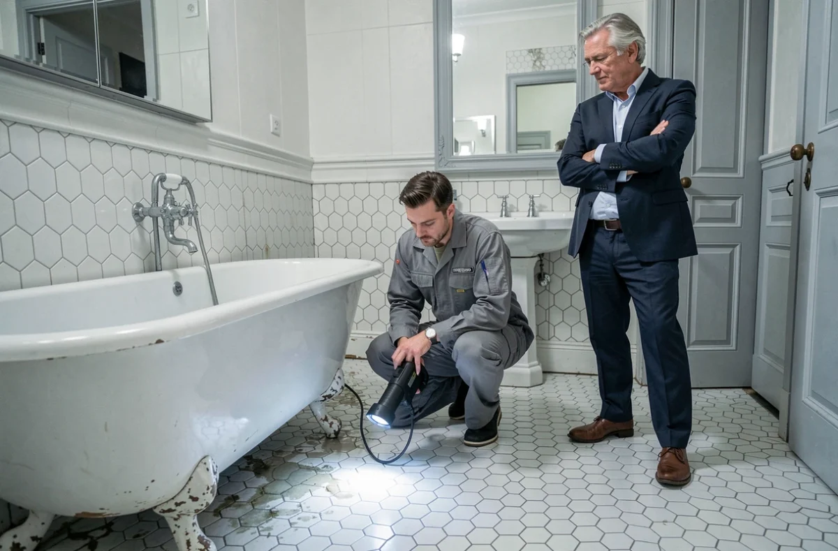 Technicien utilisant une caméra thermique pour localiser une fuite cachée dans une salle de bain de copropriété