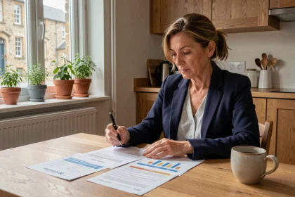 Femme consultant un devis d'assurance habitation à Lorient dans une cuisine moderne de style breton