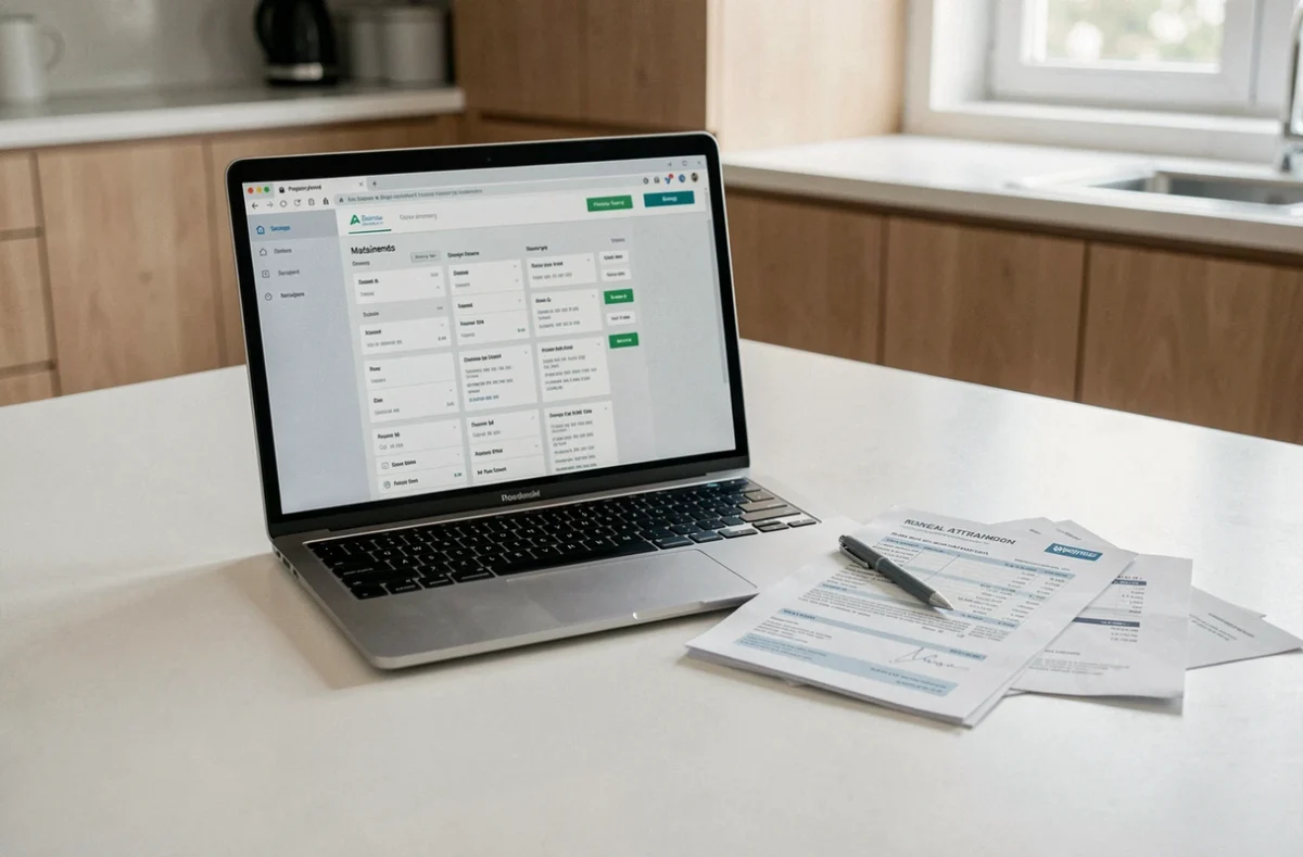 Documents de location et attestations affichés sur ordinateur portable avec relevés imprimés sur une table de cuisine