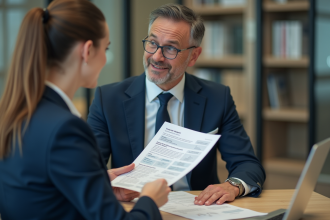 Expert en costume navy remettant un rapport à une femme d'affaires