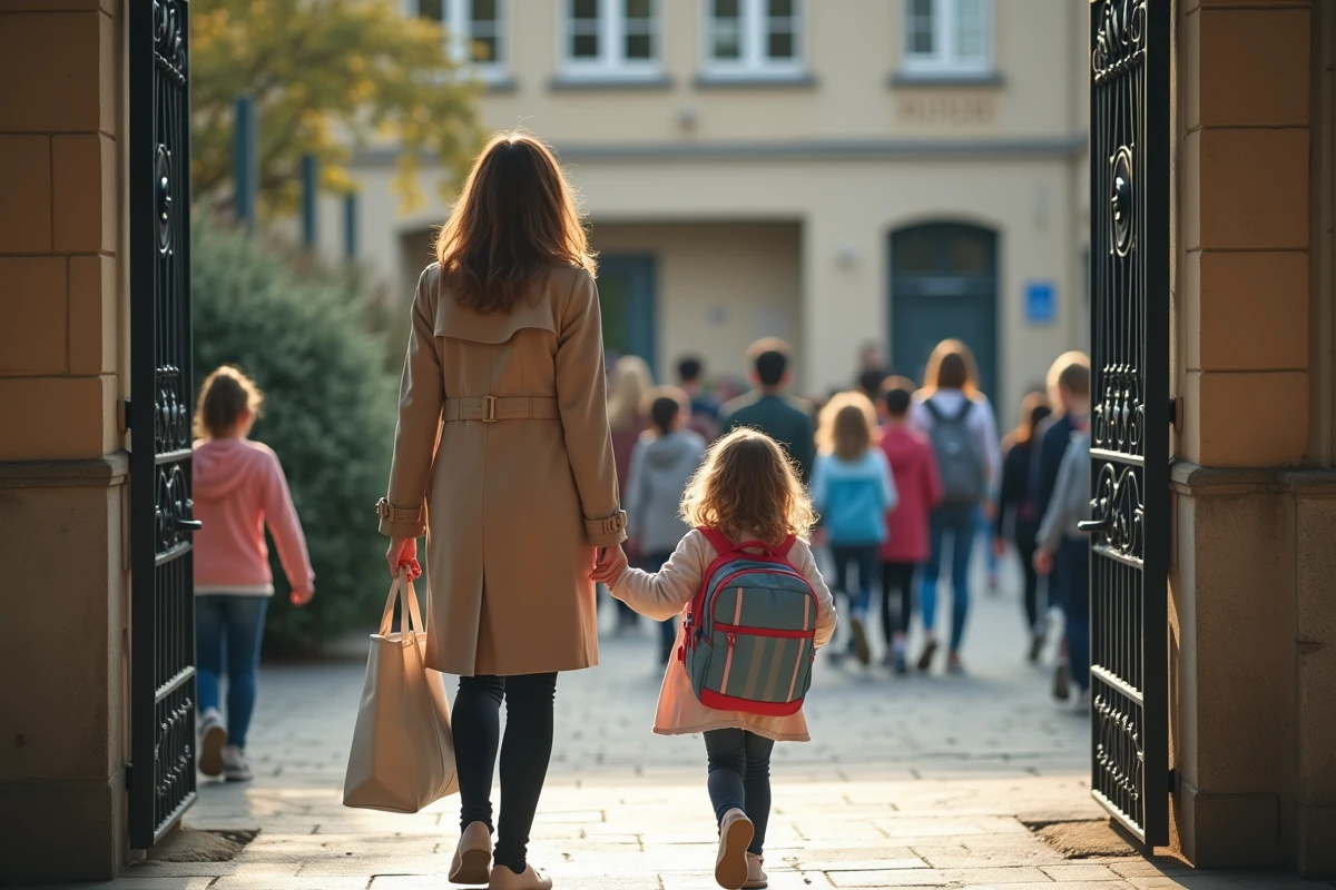 Mère et enfant devant l'entrée d'une école primaire à Créteil lors de la dépose matinale, vie scolaire en quartier urbain