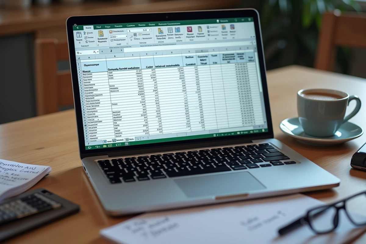 Écran d'ordinateur affichant un simulateur viager Excel avec colonnes bouquet et rente viagère sur une table