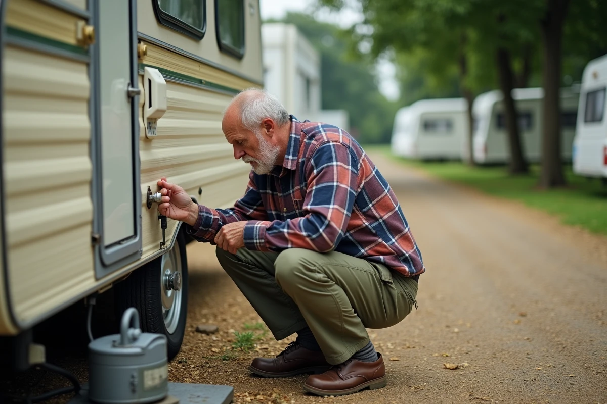 Homme branchant une caravane à un poteau électrique sur un emplacement de camping à louer