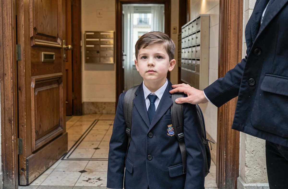 Enfant en uniforme scolaire devant l'entrée d'un immeuble parisien avec la main rassurante d'un parent