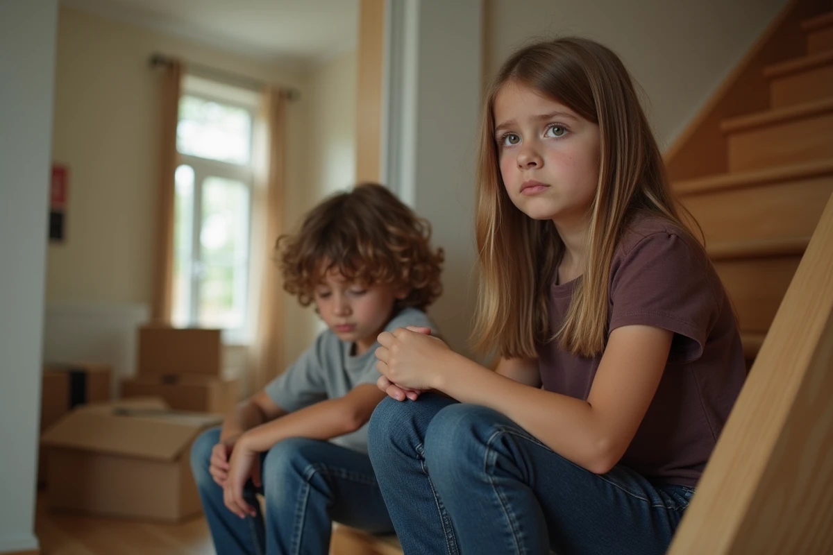 Enfants assis dans l'escalier d'une maison en cours de déménagement suite à un divorce dans le Morbihan