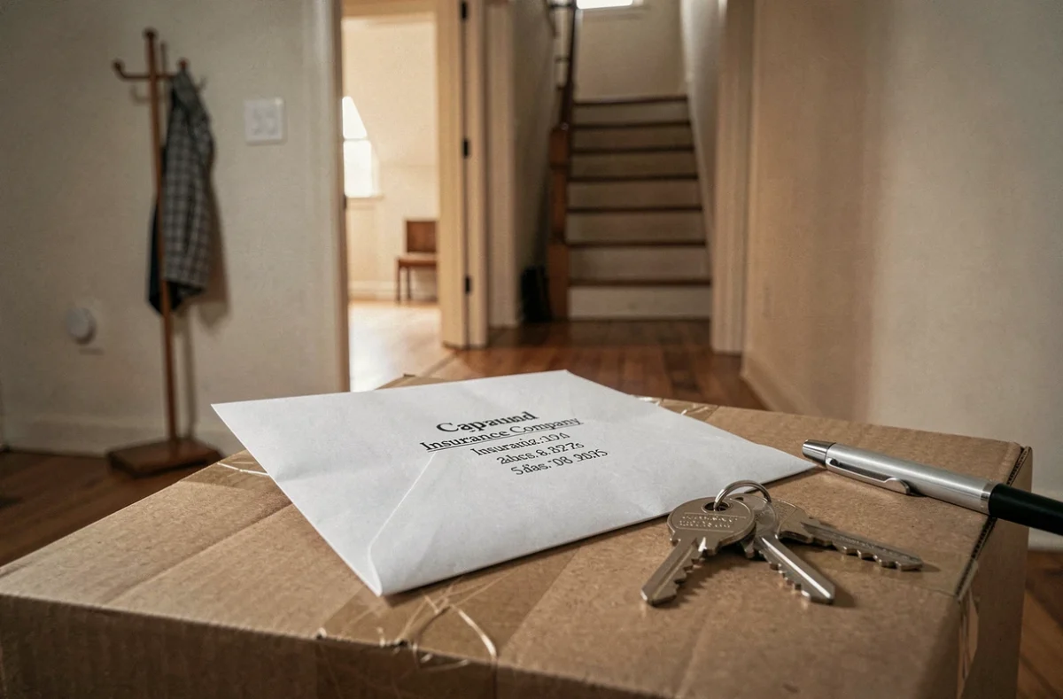 Enveloppe de résiliation d'assurance habitation posée sur des cartons avec des clés de maison, prête à être envoyée