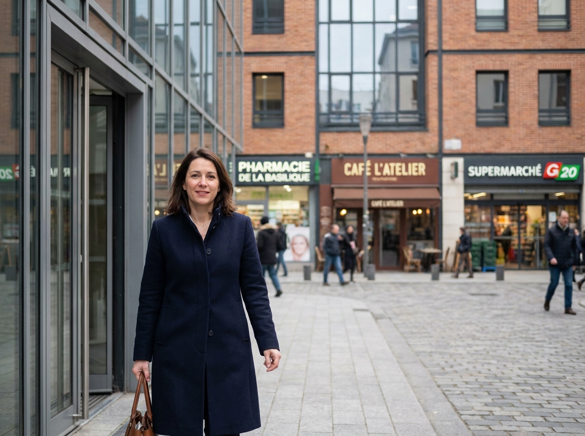 Professionnelle sortant d'un immeuble de bureaux à Saint-Denis avec des commerces et services de proximité visibles dans la rue