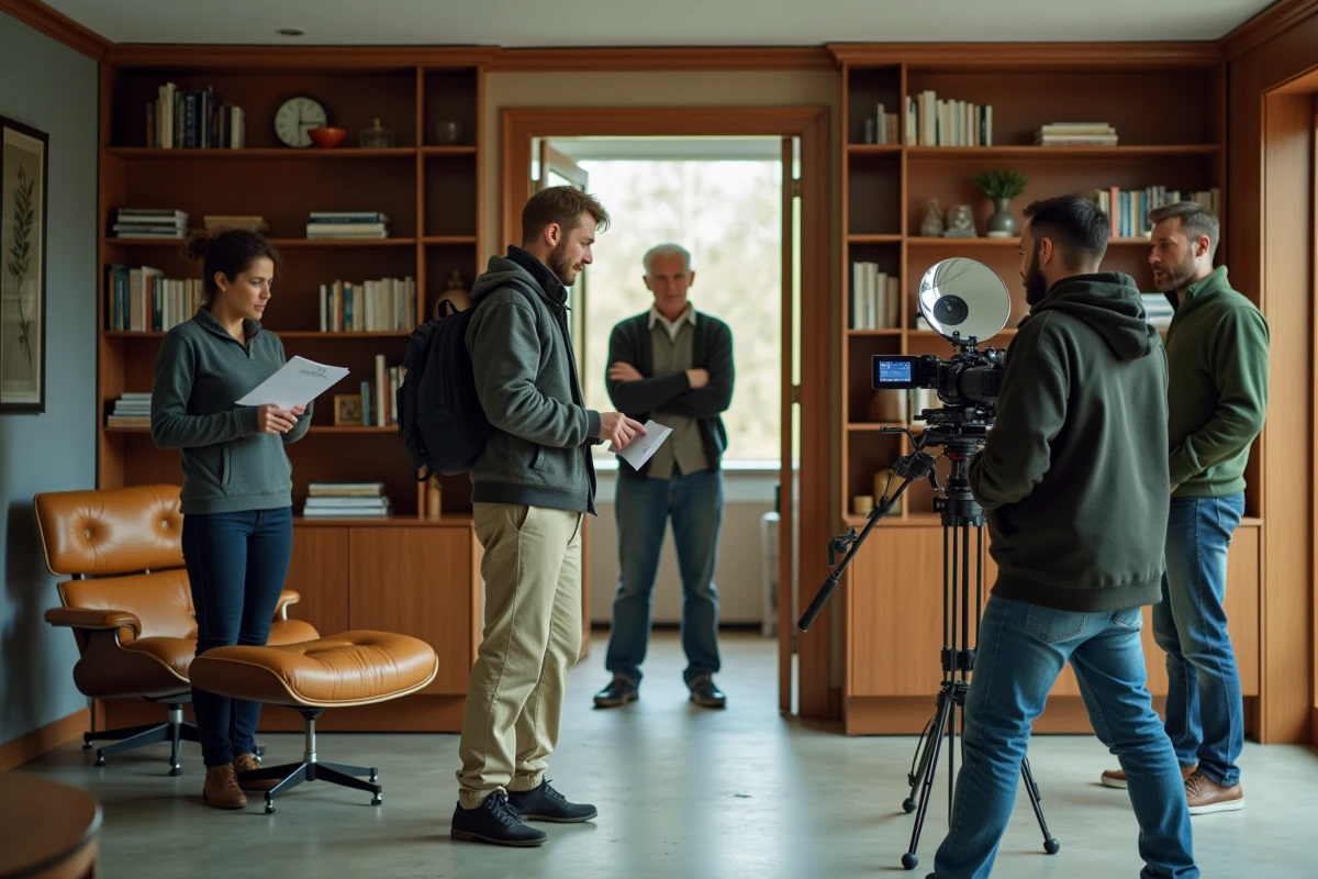 Équipe de tournage professionnelle installée dans un salon moderniste pendant que le propriétaire observe depuis le couloir