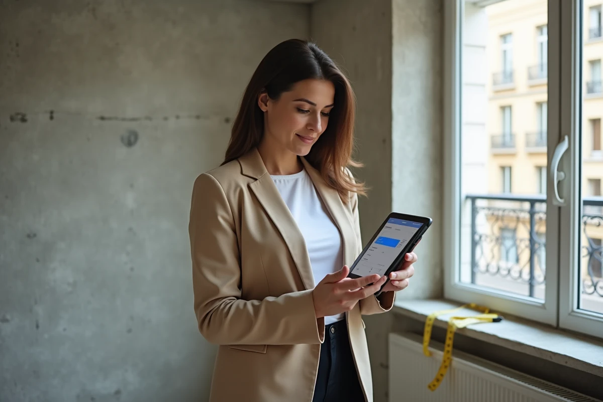 Professionnelle de l'immobilier consultant un logiciel d'estimation dans un appartement vide avec vue sur rue