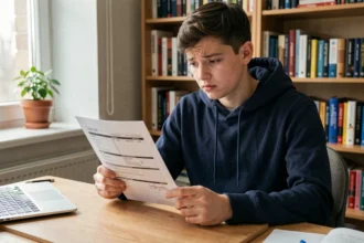 Étudiant mineur lisant un contrat d'assurance logement assis à son bureau dans sa chambre