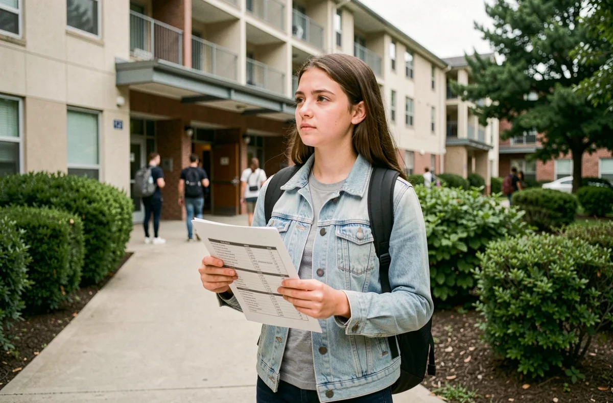 Étudiante mineure devant une résidence universitaire avec liste de démarches pour l'assurance logement