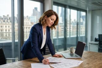 Experte immobilière européenne analysant des documents de transaction dans un bureau moderne avec vue sur la ville