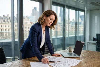 Experte immobilière européenne analysant des documents de transaction dans un bureau moderne avec vue sur la ville