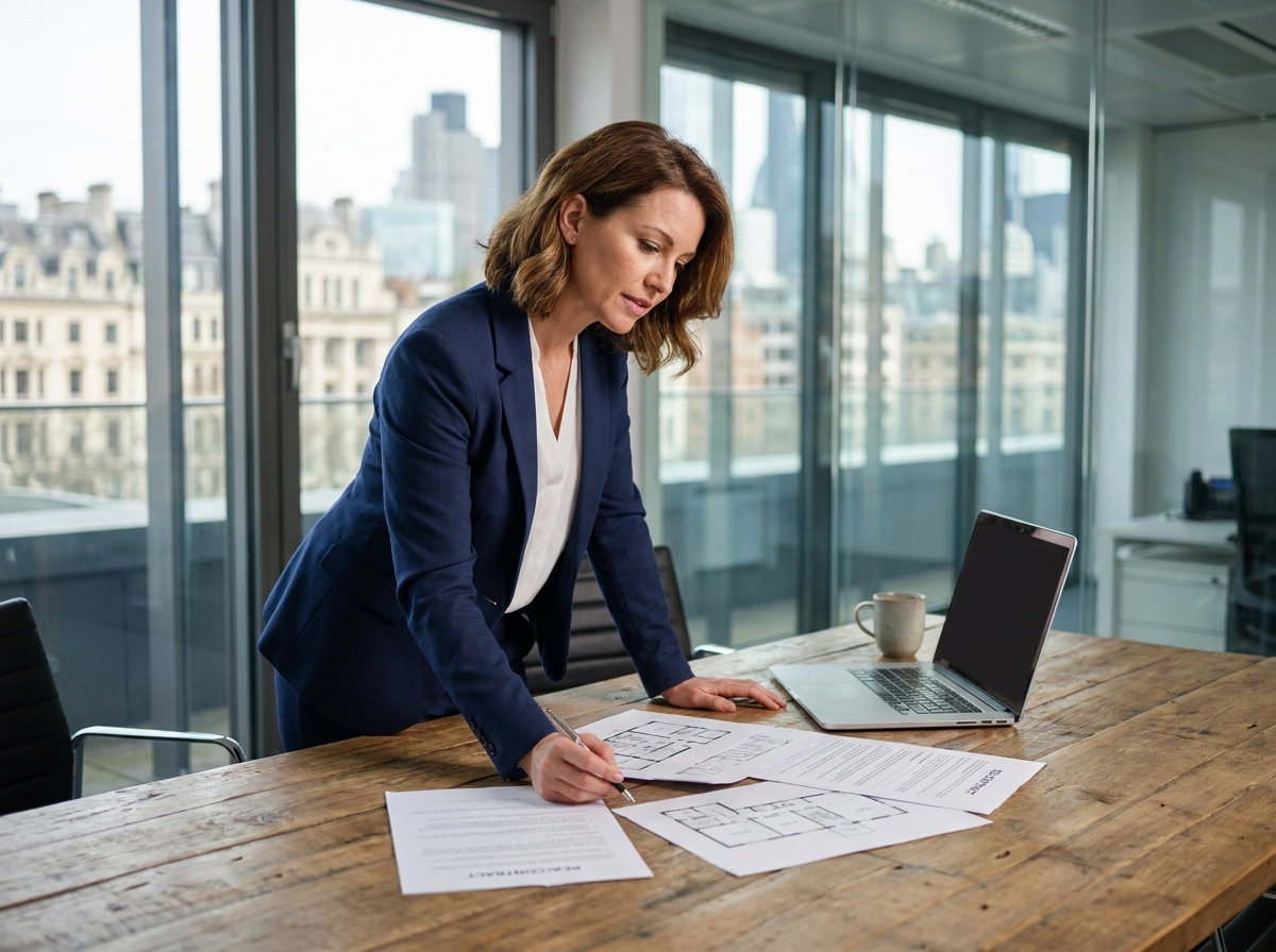 Experte immobilière européenne analysant des documents de transaction dans un bureau moderne avec vue sur la ville