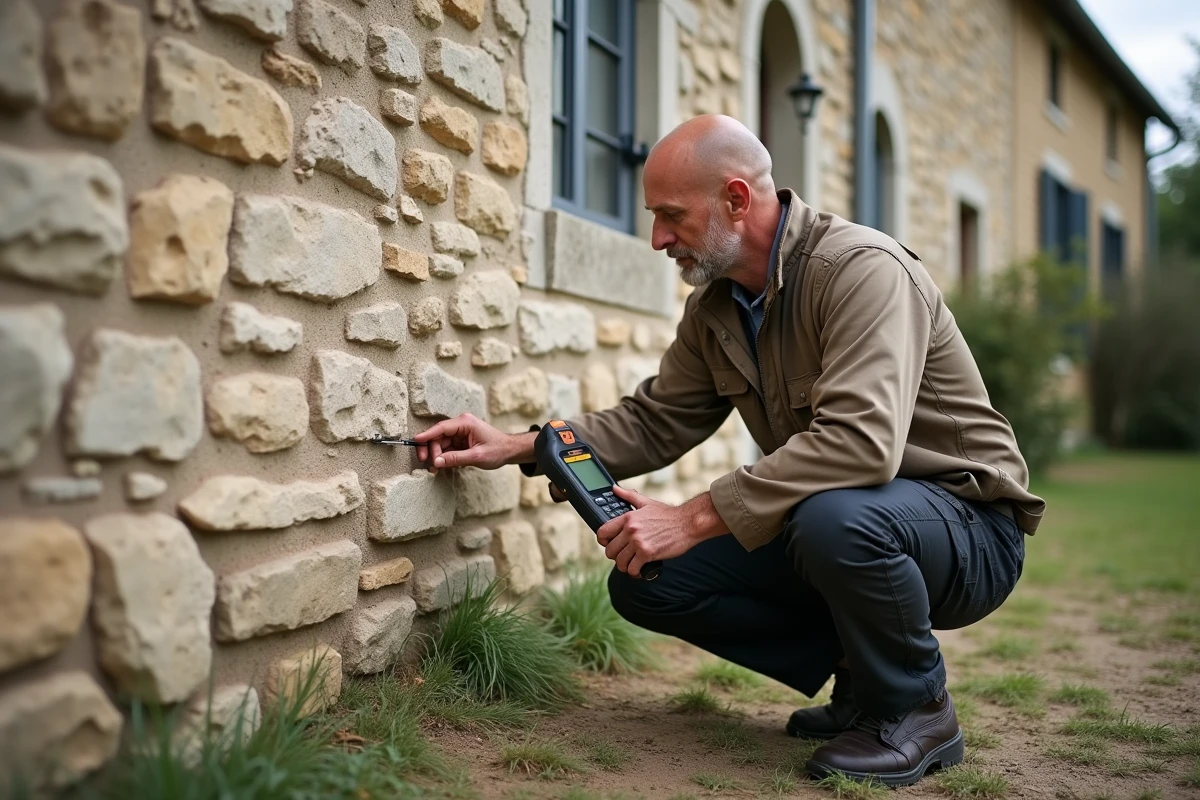 Expert en bâtiment mesurant l'humidité d'un mur en pierre lors d'une expertise pour vice caché immobilier