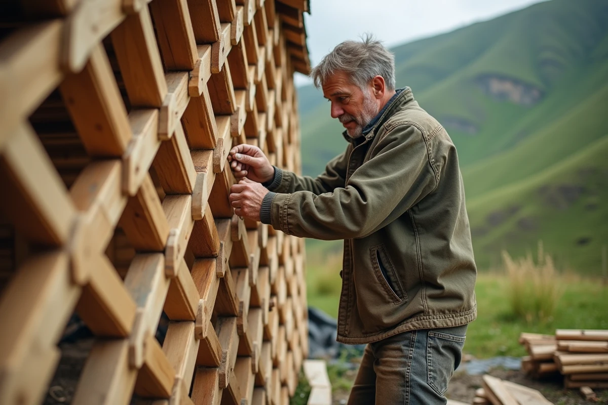 Artisan assemblant la structure en treillis de bois d'une yourte premium sur une colline verdoyante, détail de fabrication artisanale