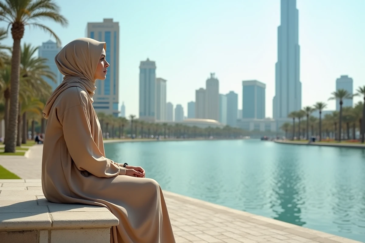 Jeune femme en abaya regardant Almas Tower au bord du lac