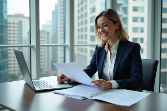 Femme d'affaires en costume bleu dans un bureau moderne