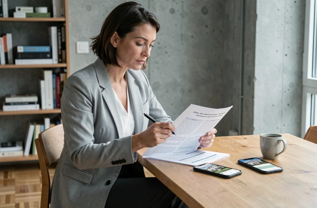 Femme analysant un rapport d'investissement immobilier à domicile dans un appartement contemporain