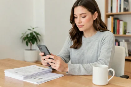 Femme consultant ses documents de location sur l'application MyFoncia depuis son bureau à domicile
