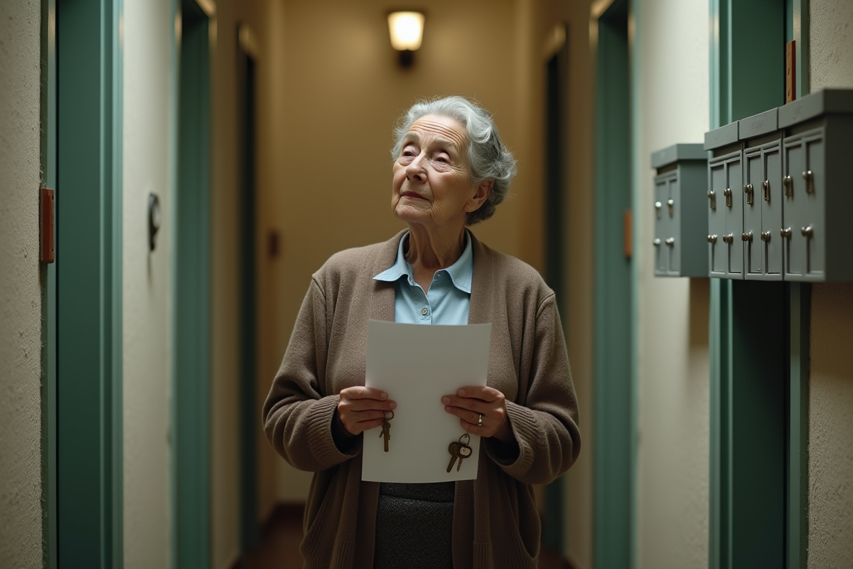 Femme âgée tenant des clés dans un couloir d