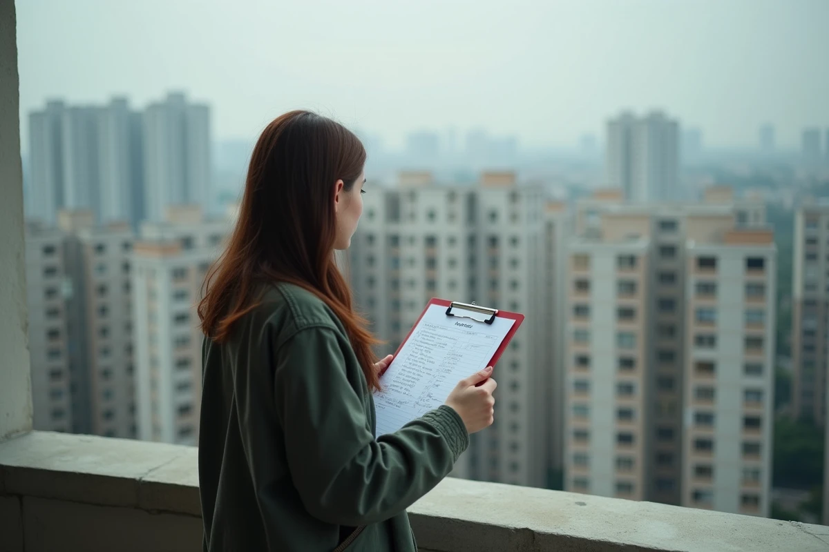 Jeune femme regarde la ville depuis un balcon d immeuble vacant
