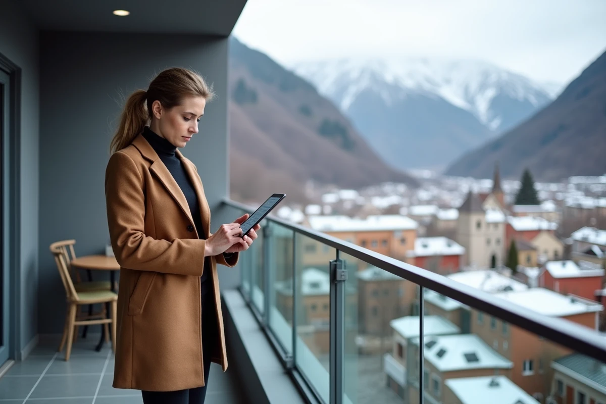 Femme consultant des prix immobiliers sur tablette depuis un balcon avec panorama sur la vallée et les sommets enneigés des Pyrénées andorranes
