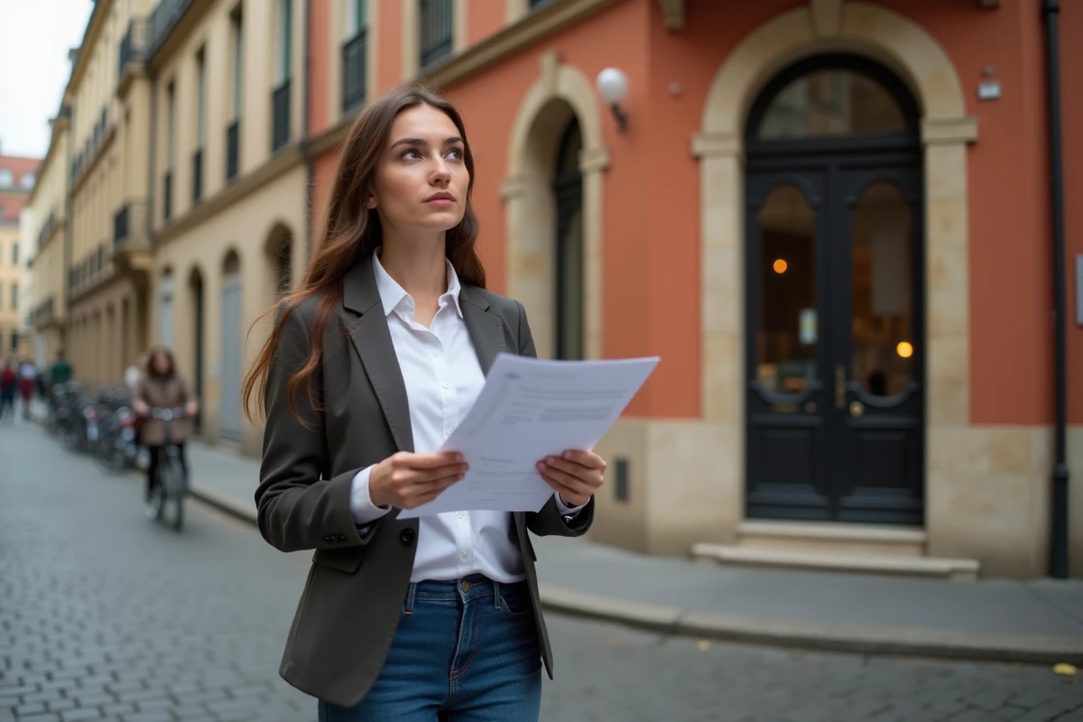 Femme professionnelle consultant un budget locatif devant un immeuble lyonnais traditionnel
