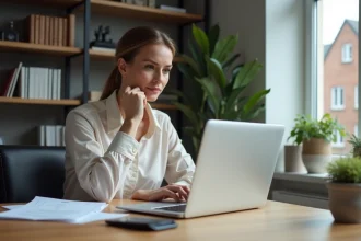 Femme en bureau immobilier avec ordinateur et documents
