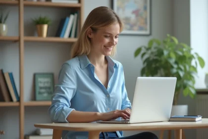 Femme assise à un bureau moderne utilisant un ordinateur portable