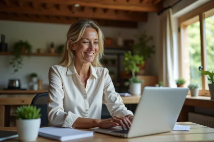 Femme souriante utilisant un logiciel immobilier dans un bureau rustique