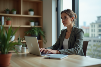 Femme en tenue élégante travaillant sur son ordinateur dans un bureau moderne