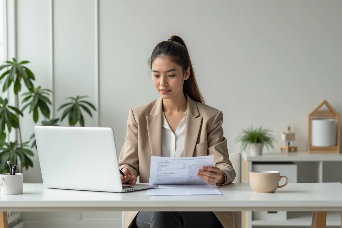 Femme en CDI consultant des documents de prêt immobilier depuis son bureau à domicile