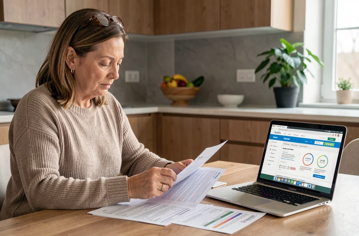 Femme comparant les taux de crédit immobilier sur ordinateur et documents à la maison
