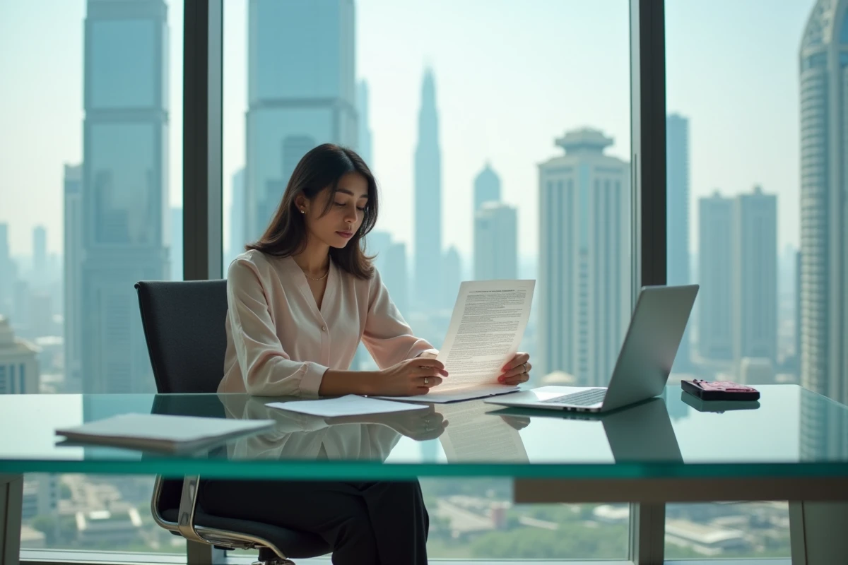 Jeune femme d asie du sud examinant un contrat dans un bureau