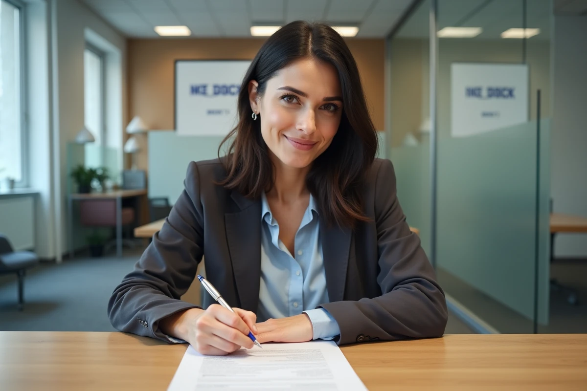 Femme remplissant un formulaire de logement social dans un bureau municipal