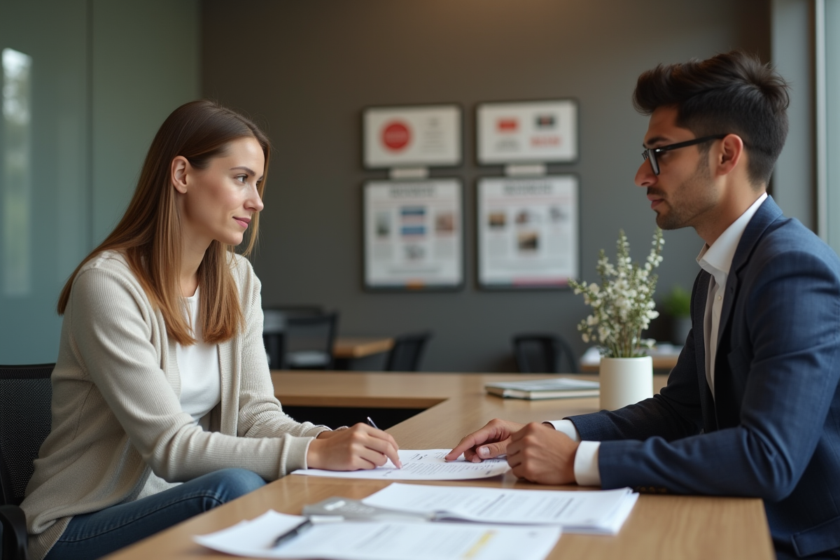 Femme en agence bancaire discute de son pret immobilier