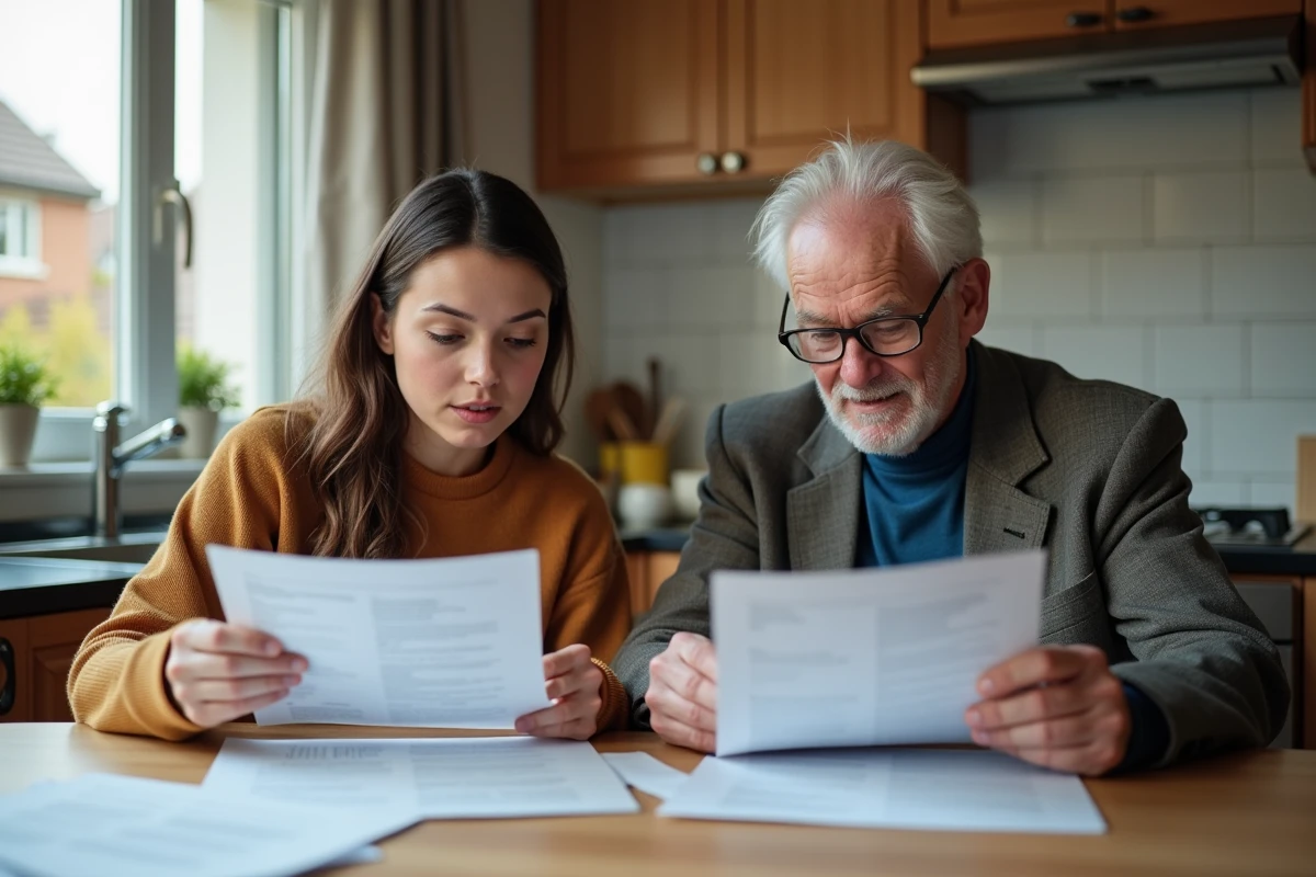 Une femme et un homme âgé examinent des documents dans la cuisine