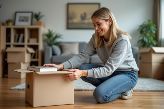 Femme emballant des livres dans une boîte en carton dans un salon