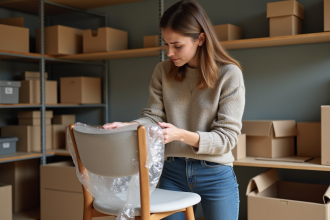 Femme emballant une chaise en bois dans un espace de stockage organisé