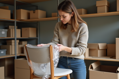 Femme emballant une chaise en bois dans un espace de stockage organisé