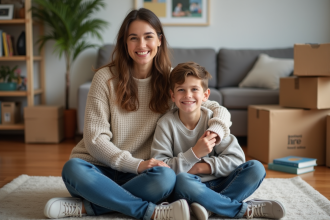 Femme et son adolescent en pause emballage maison