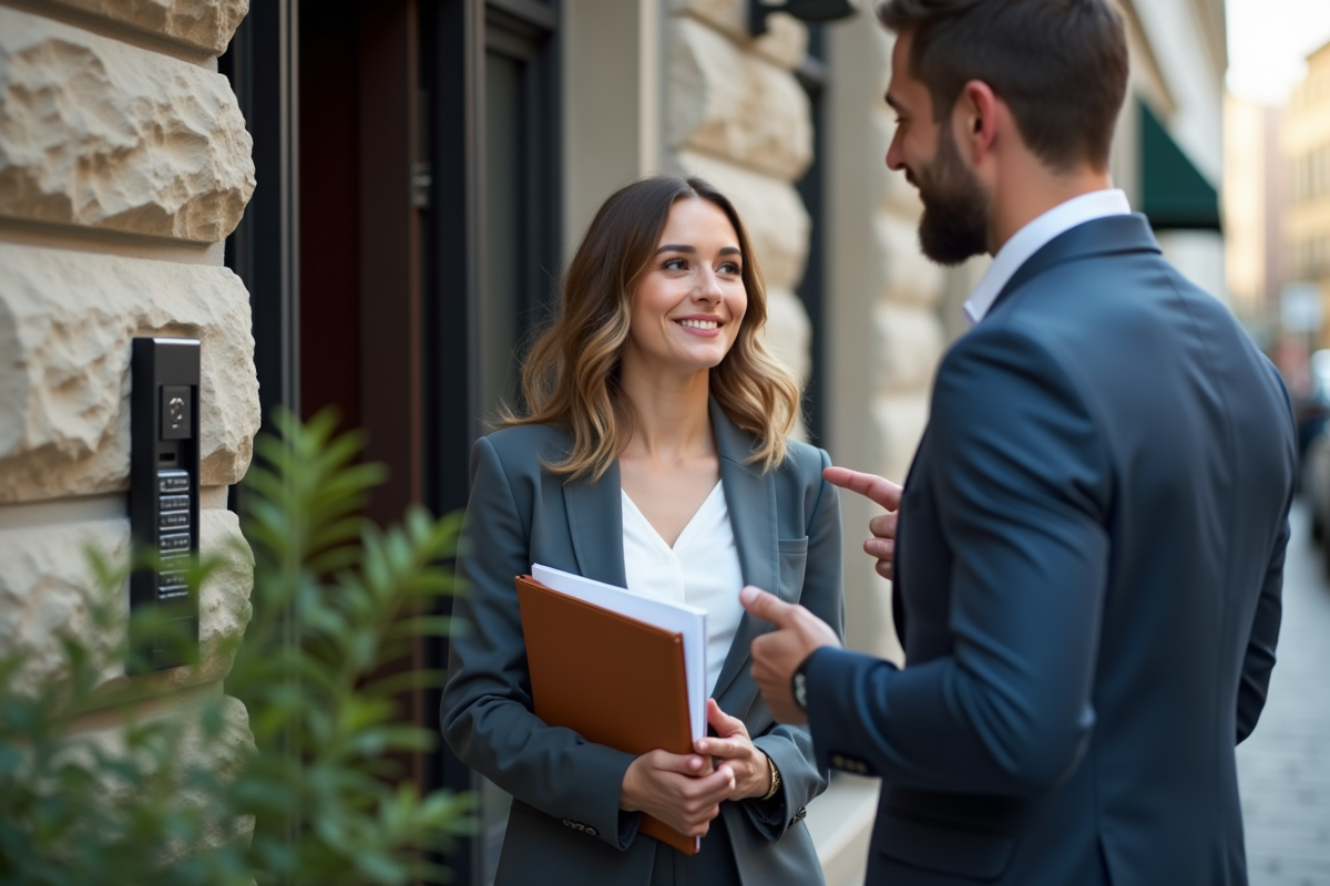 Jeune femme discutant avec un homme devant un immeuble en ville
