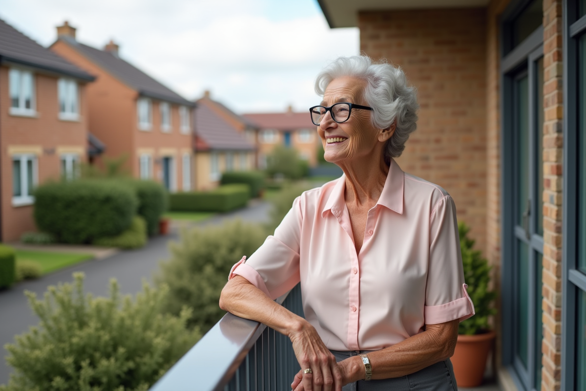 Femme âgée observant le quartier depuis un balcon ensoleillé