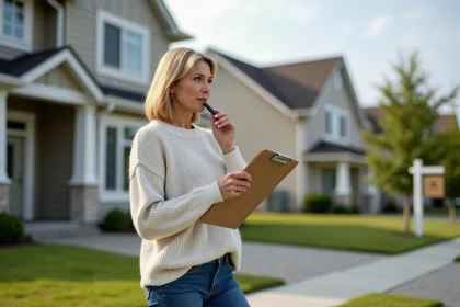Femme d'âge moyen devant une maison en vente avec un clip