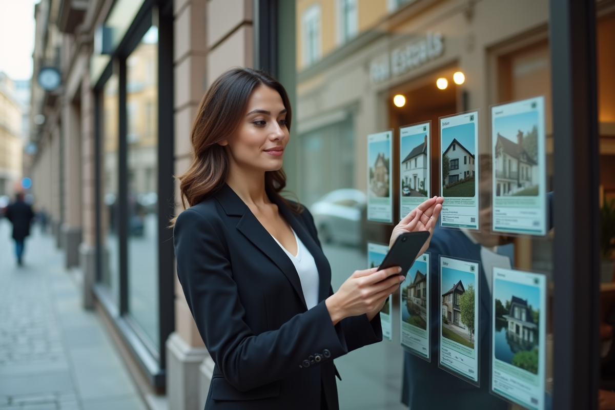 Femme lisant annonces immobilières dans la rue