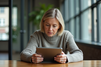 Femme d'âge moyen consulte des annonces immobilières sur une tablette