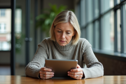 Femme d'âge moyen consulte des annonces immobilières sur une tablette