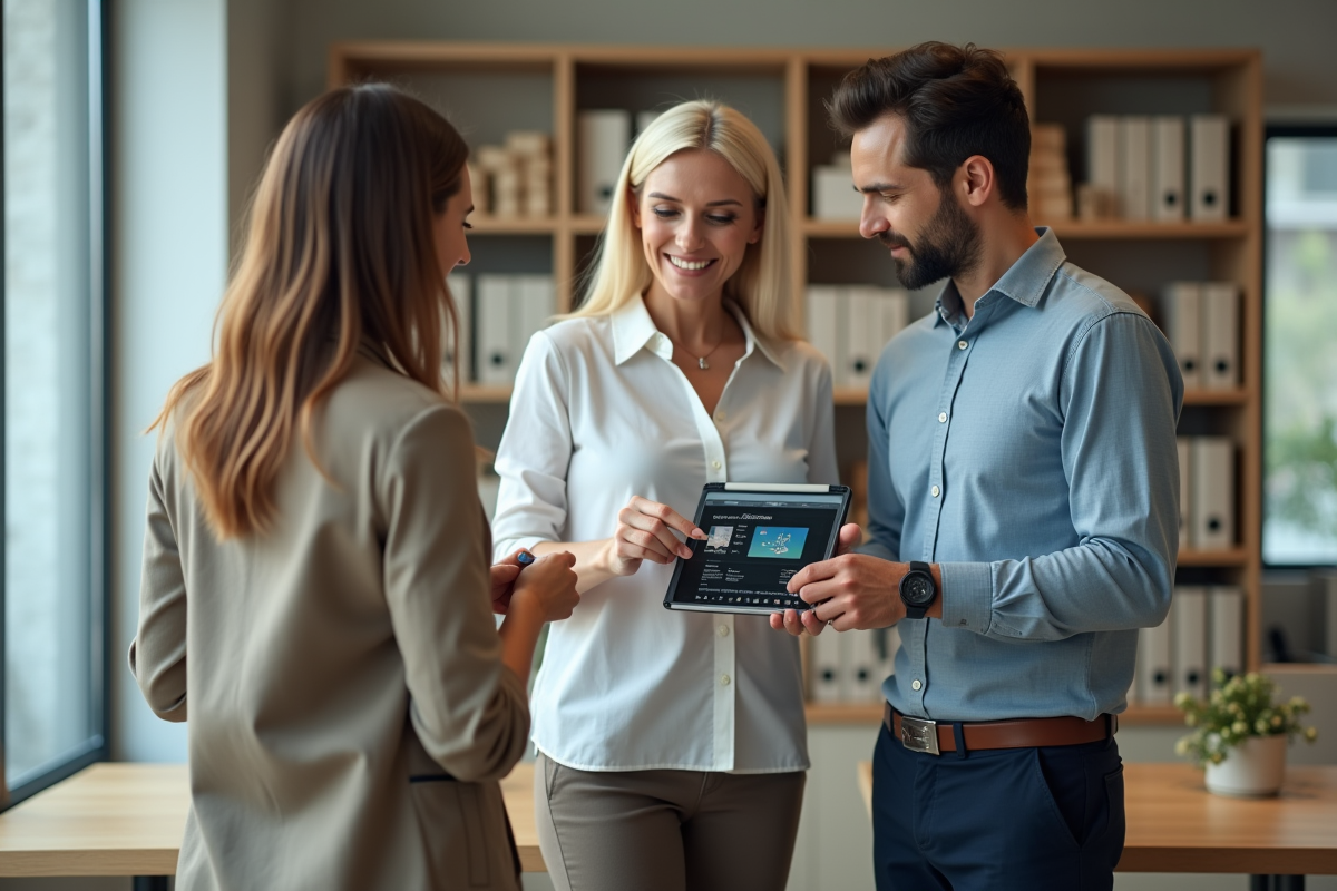 Femme senior montre des valeurs immobilières sur une tablette à un couple