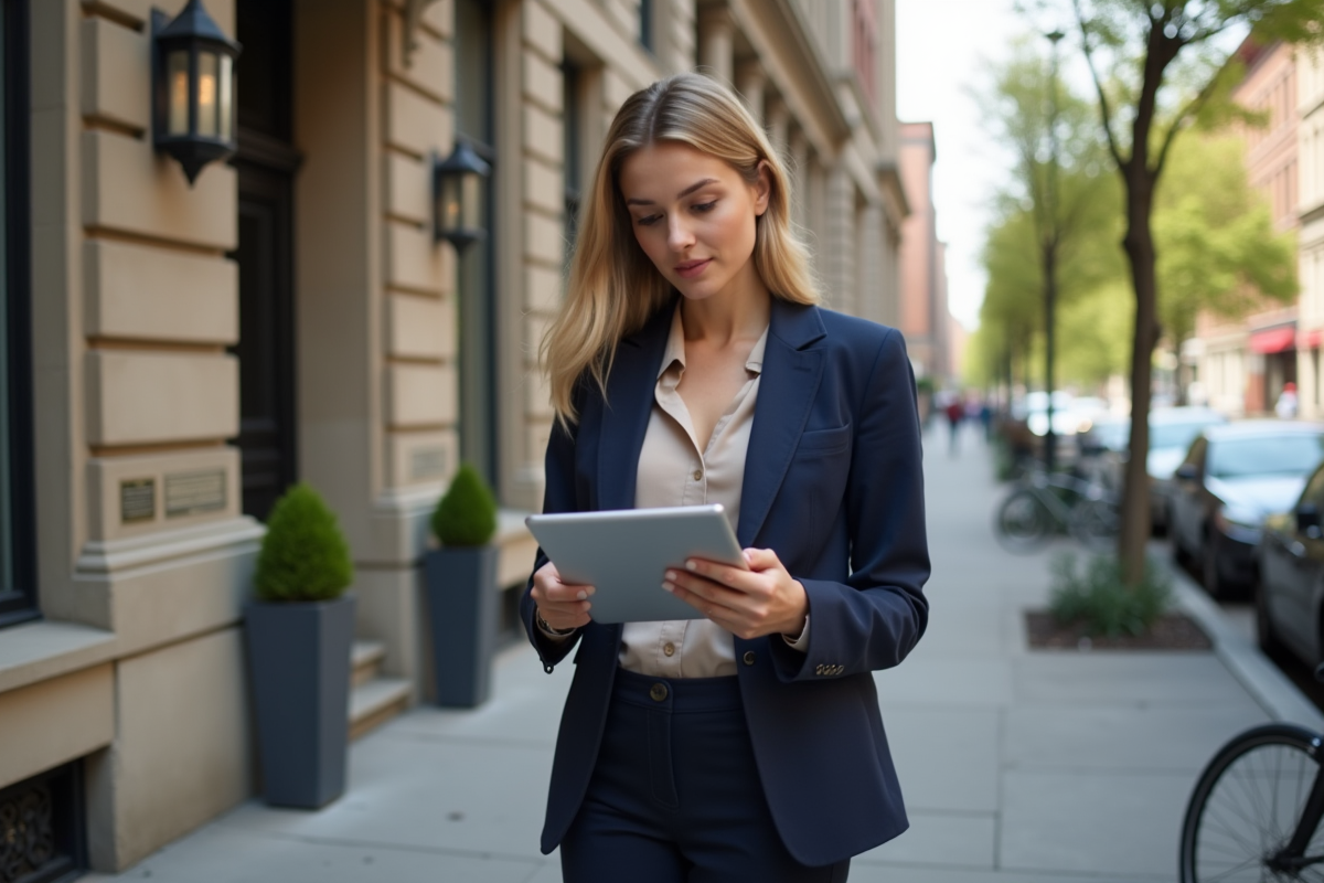 Jeune femme vérifiant des annonces immobilières en ville